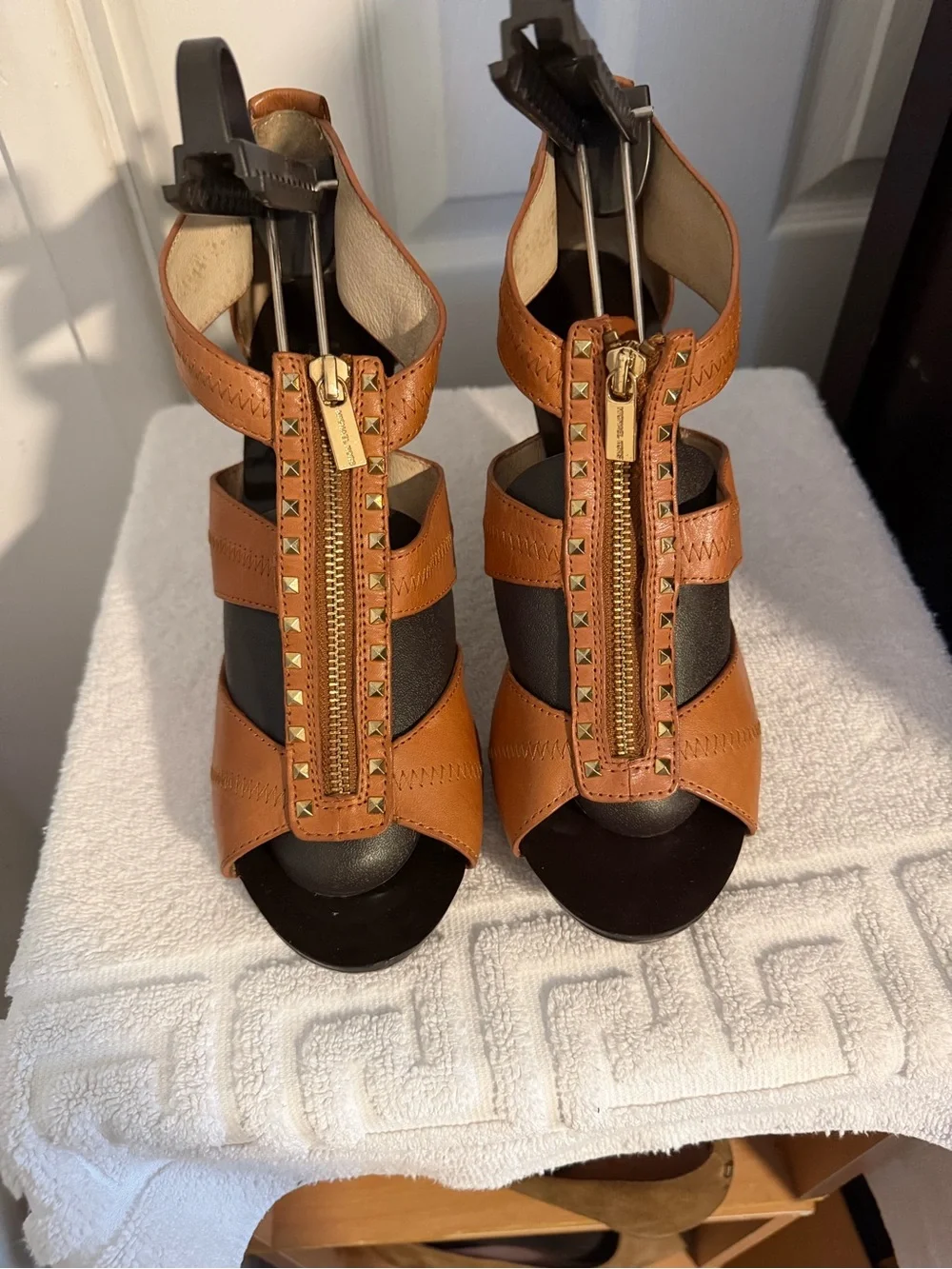 Michael Kors Cognac Leather Studded Zip Front Heels